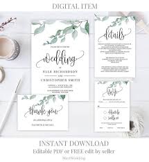 Greenery Wedding Invitation Set Printable Eucalyptus Wedding Invite Wedding Invitation Templates Rustic Wedding Invitations Boho Wedding Invitation Templates