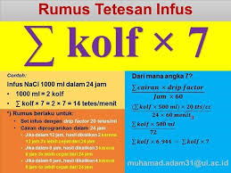 Rumus menghitung tetes infus macro = 1 cc = 20 tts/mnt 々 tetes infus macrotts/mnt = jmlh cairan x 20 / lama infus x 60 々 lama infus macrolama infus = (jmlh cairan x 20)… makalah tetesan infus. Facebook