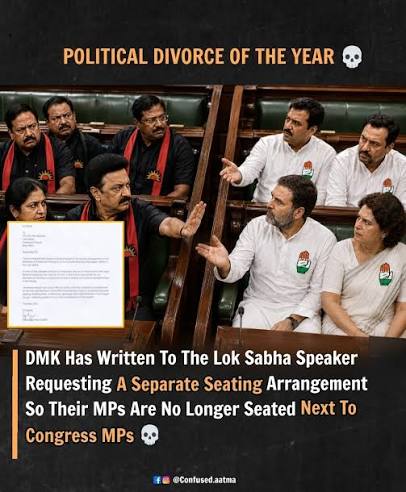 That's one nasty breakup 💔 Amid the ongoing political tensions, senior DMK leader Kanimozhi Karunanidhi has reportedly written to Lok Sabha Speaker Om Birla requesting a separate seating arrangement for DMK MPs