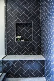 Contemporary Shower Features Navy Herringbone Tiles Accented With A Navy Tiled Niche Over A Carrera Marble Shower Tile Bathroom Shower Tile Contemporary Shower