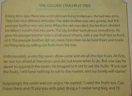 Ngày xửa ngày xưa trong một ngôi làng nọ có một người đàn ông rất giàu có. The Golden Star Fruit Tree Terjemahan Literatur