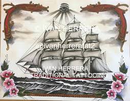 Plazma & oleg perets & ivan flashblack leather boys. Flash Ship I 50x40 Cm I 20x16 Inch Ivan Herrera Traditional Tattooing