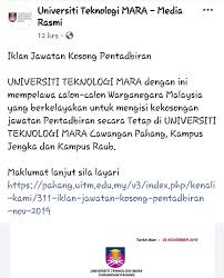 Jawatan kosong 2019 terkini ok? Uitm Official On Twitter Iklan Jawatan Kosong Pentadbiran Kekosongan Jawatan Pentadbiran Secara Tetap Di Universiti Teknologi Mara Cawangan Pahang Kampus Jengka Dan Kampus Raub Maklumat Lanjut Sila Layari Https T Co 27q6m2ucmw Https T Co