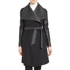 Women S Mackage Leather Sleeve Wool Blend Wrap Coat Faux Leather Coat Wrap Coat Leather Sleeve