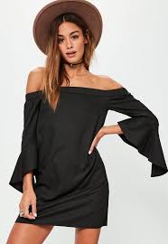 Black Bardot Frill Sleeve Shift Dress Missguided Black Prom Dress Short Chic Shift Dresses Casual Day Dresses