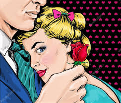 Pop Art couple. Love couple. Pop Art love. Valentines day postcard.  Hollywood movie scene. Real love.