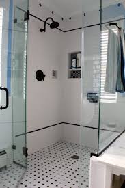 Vintage Subway Tile Shower Like This Shower Like The Black Stripes Interupting The White Bathroom Tiles Classic Bathroom Tile Black And White Tiles Bathroom