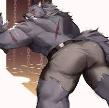 2022 ass blaidd (elden ring) bottomwear canid canine canis chains  clothing elden ring fangs fromsoftware fur grey body grey fur hi res  leaning looking at viewer male male only