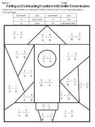 It will help to build your childs math skills while giving her a visual break to fill in the corresponding shapes with colors. Adding And Subtracting Fractions With Unlike Denominators Puzzle Worksheets Adding And Subtracting Fractions Subtracting Fractions Fractions Worksheets