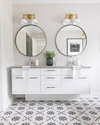 It is perfect to have and own. Round Black Mirrors Over White Double Bath Vanity Transitional Bathroom