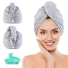 The hair shaft can be roughed up during the drying process when you wring out your hair or squeeze it too hard with a towel. Hair Towel Wrap 2 Pack Bamboo Charcoal Fiber Hair Drying Towel Super Absorbent Quick Dry Hair Turban For Curly Longer Thicker Hair Women 1 Hair Scalp Massager Shampoo Brush For Free Walmart Canada