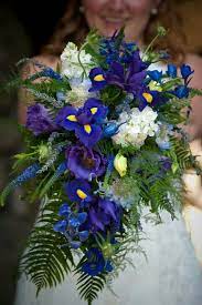 Lovely Cascading Bridal Bouquet Blue Delphinium Blue Veronica Blue Scabiosa Blue Yellow Ir Iris Wedding Bouquet Wedding Flowers Wedding Flowers Purple Blue