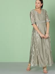 Buy House Of Pataudi Women Grey Silver Metallic Print A Line Kurta Kurtas For Women 7546858 Myntra In 2020 A Line Kurta Metallic Prints Elegant Dresses