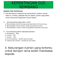 Pedoman gizi seimbang ini memperhatikan empat prinsip, yaitu membiasakan konsumsi makana beraneka ragam, menjaga pola hidup bersih, pentingnya pola hidup aktif dan olah raga, juga pantau berat badan. Bab 3 Nutrisi Tingkatan 2 Lessons Blendspace