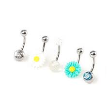 14g Crystal And Daisy Belly Rings Set Of 5 Claire S Body Jewelry Belly Rings Belly Button Piercing Jewelry Belly Button Rings