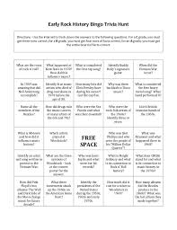 These trivia questions and answers will refresh your mind and you will gain be able to gain information about your favorite country too. Early Rock History Bingo Trivia Hunt
