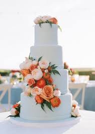 Blue and orange flowers for weddings. Orange Flower Four Tier Blue Wedding Cake Modwedding