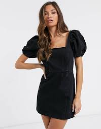 … curve square neck 3/4 sleeve knee. Asos Design Denim Puff Sleeve Square Neck Mini Dress In Washed Black Asos