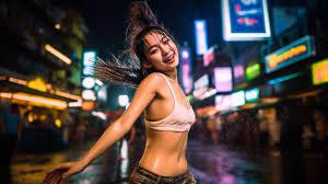 방콕에서 빗속에서 춤추는 여자 | 프리미엄 사진