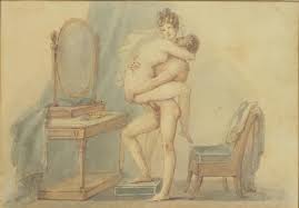 After Thomas Rowlandson - Erotic couple in an interior, print in colour,  mounted, framed and glazed,