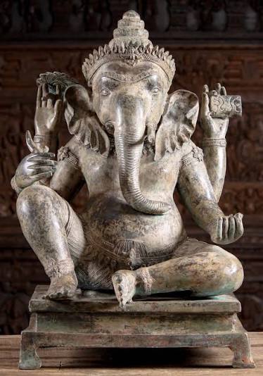 Brass Thai Style Seated Ganesha Statue with Beautiful Antique Patina 33"  (#104t72): Lotus Sculpture