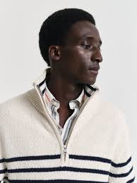 GANT Stripe Cotton Slub Half Zip Sweater, Cream/Multi