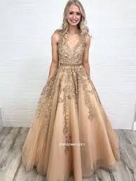 Gorgeous Ball Gown V Neck Open Back Gold Lace Long Prom Dresses With Beading Beautiful Prom Dresses By P Prom Dresses Ball Gown Prom Dresses Lace Prom Dresses