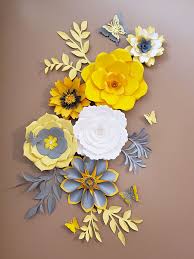 The hand drawn elements on the seamless patterns work together for a coordinating collection that has the wow factor. Yellow Gray And White Wall Flowers Paper Flower Wall Decor Paper Flowers Craft Paper Flowers
