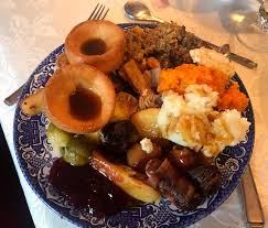 We eat roast turkey accompanied by roast potatoes and parsnips cooked in goose fat, brussel sprouts, carrots and broccoli. My British Christmas Dinner Bet You Can T Name Everything That Was On The Plate Tonightsdinner