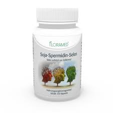 75 % wheat germ extract 4:1 (contains 0,2 spermidin), plant cellulose (capsule), zinc gluconate, rice fibre guaranteed pure and free from Soja Spermidin Selen Kapseln Floramed Onlineshop