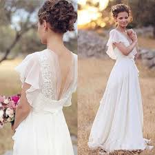 Discount Elegant A Line Modest Chiffon Boho Wedding Dresses With Short Sleeves Lace Appliques Country Western Beach Bridal Wedding Gowns Formal Dress Off The Sh Outdoor Wedding Dress Boho Wedding Dress