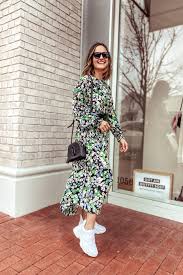 My Favorite H M Dresses Right Now Charmed By Camille In 2020 Floral Dress Outfits Spring Dresses Casual Dress And Sneakers Outfit