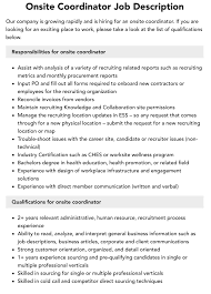 Onsite Coordinator Job Description | Velvet Jobs