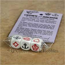 I'm going to cover some of these gambling dice games. New Crown And Anchor Old English Gambling Game Dice Set Ebay
