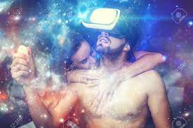 Naked Couple Playing Virtual Reality At Home, Man With VR Glasses Opening  Magical Universe Of Fantasy Stock Photo, Picture And Royalty Free Image.  Image 84352691.