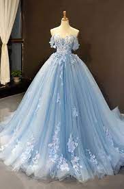 Off The Shoulder Light Sky Blue Ball Gown Prom Dress With Applique Shedress Online Store Powered Ball Gowns Wedding Tulle Prom Dress Prom Dresses Ball Gown