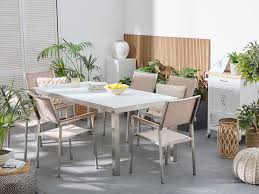 Outdoor dining chairs are designed for use at restaurants, bars, bistros, pizzerias, and cafes with outdoor outdoor dining chairs are constructed of materials that will not fade as quickly as indoor chairs, which will. Garden Table Outdoor Dining Table Tempered Glass 6 Seater White Tulius