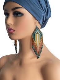 Long Elegant Green Multi-beaded Ethnic Dangle Earrings Authentic Handmade  Native Jewellery