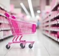 Pink Shopping Cart Full of Groceries in Supermarket Aisle ...
