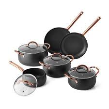 Includes One 9 5 Fry Pan One 10 Frying Pan One 3 42 Quart Soup Pot With Cover One 1 7 Quart Soup In 2020 Rose Gold Kitchen Black And Copper Kitchen Pots And Pans Sets