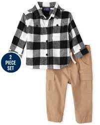 Baby Boys Long Sleeve Buffalo Plaid Flannel Button Down Shirt And Woven Pull On Cargo Jogger Pants Outfit Set The Children S Place Ca Black