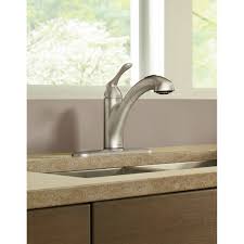 If the faucet connection part does not leak water, then if it leaks, you have to take the faucet off, and then wrap it around with a few laps of raw material. Moen Banbury Single Handle Pullout Kitchen Faucet 87017srs Blain S Farm Fleet