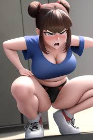Anime Busty Small Tits 50s Age Angry Face Brunette Hair Bun Hair Style  Light Skin 3d Prison Close Up View Squatting Bra 3665026591854484155 