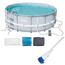 Bestway 14 Ft Round 48 In D Power Steel Hard Side Frame Above Ground Pool Set And Vacuum 56445e Bw 58422e Bw The Home Depot Round Pool In Ground Pools Above Ground Pool