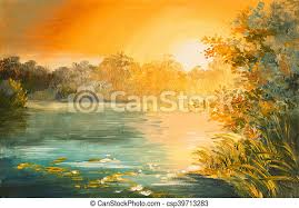 These storm clouds were right at the edge of sunset, when the light was almost gone. Oil Painting Sunset On The Lake Colorfull Art Drawing Autumn Yellow Canstock