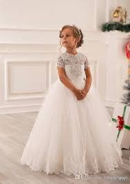 Pretty Scoop White Floor Length Ball Gown Flower Girl Dresses With Short Sleeves Gi Ivory Flower Girl Dresses Girls Pageant Dresses Little Girl Pageant Dresses