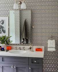 Gray Washstand With Black And Gold Hicks Hexagon Wallpaper Contemporary Bathroom Bathroom Lighting Hexagon Wallpaper Beautiful Bathrooms