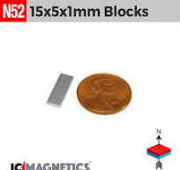 15mm x 5mm x 1mm N52 Thin Block Rare Earth Neodymium Magnet 15x5x1mm