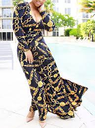 Women S Maxi Flowing Base Dress Gold Jewelry Chain Printed