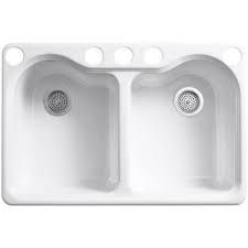 Faucet depot stocks single bowl, apron, double bowl, cast iron, undermount, farmhouse, composite, bar, and granite sinks in a variety of styles. Kohler Hartland Undermount Cast Iron 33 In 5 Hole Double Bowl Kitchen Sink In White K 5818 5u 0 The Home Depot Double Bowl Kitchen Sink Sink Double Basin Kitchen Sink